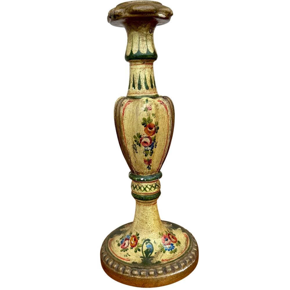 Vintage Italian Florentine hand-painted floral wood candlestick mid-late 20th